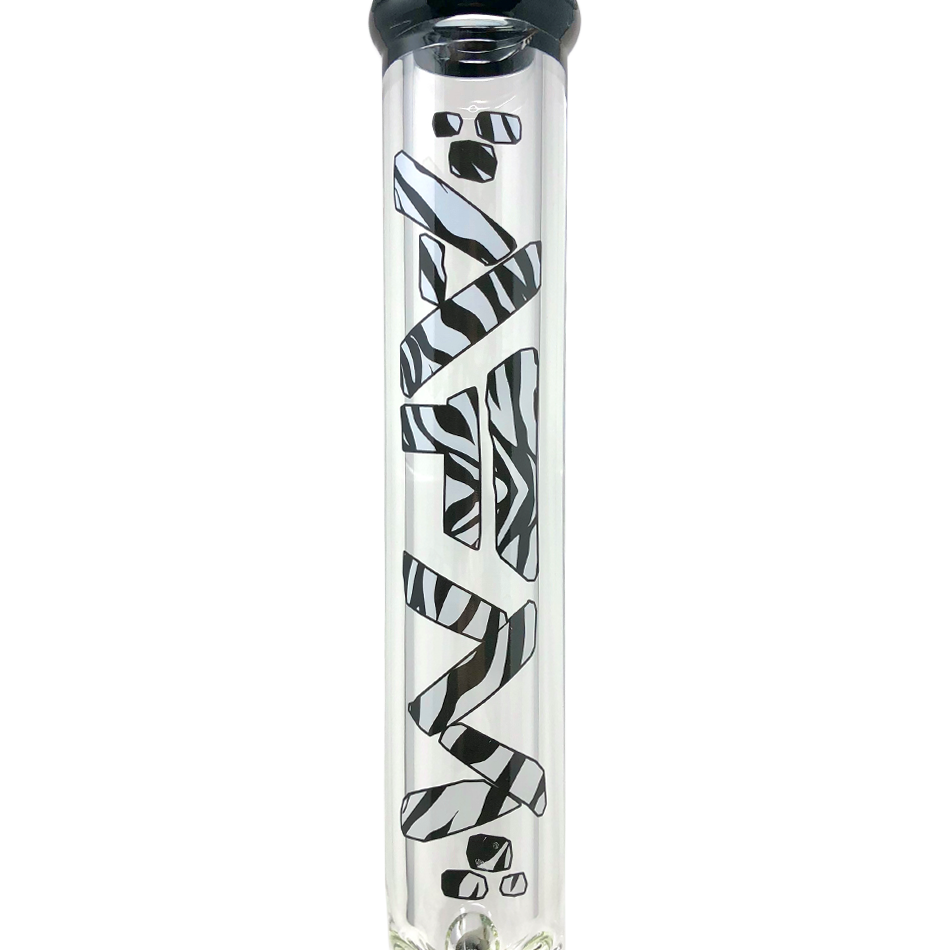 AFM 18" Zebra Glass Beaker Bong with Showerhead Perc, Front View on White Background