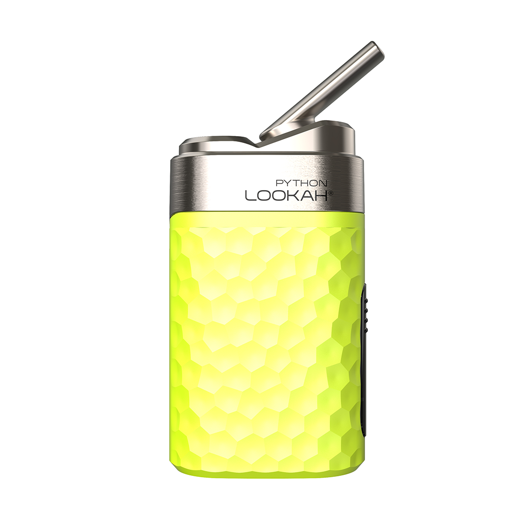 Lookah Python Vaporizer in Neon Green, portable with ceramic insert for CBD, front view on white background