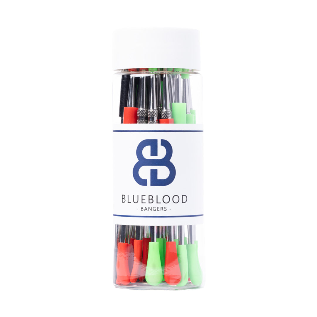 Blue Blood Dabber Tool Jar with assorted ceramic and quartz dab tools, front view on white background