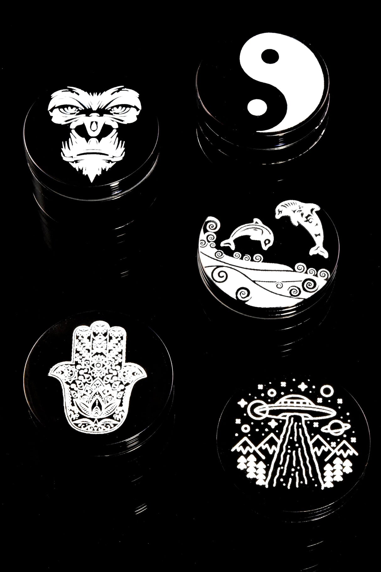Black 4-Part Decal Metal Herb Grinder “Ink Caps” – 1¾″, 2″, 2½″ – Assorted