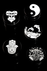 Black 4-Part Decal Metal Herb Grinder “Ink Caps” – 1¾″, 2″, 2½″ – Assorted