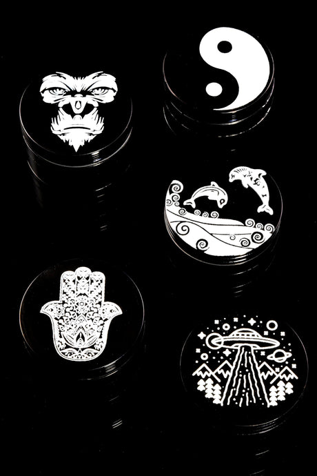 Black 4-Part Decal Metal Herb Grinder “Ink Caps” – 1¾″, 2″, 2½″ – Assorted