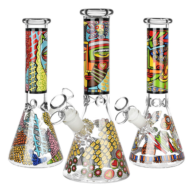Colorful Abstract Art Beaker Water Pipes, 9.75" tall, 14mm female joint, Borosilicate Glass, front view