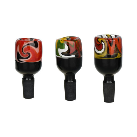 Abstract Concept Wig Wag Herb Slides, 14mm Male, front view, vibrant swirl designs, borosilicate glass