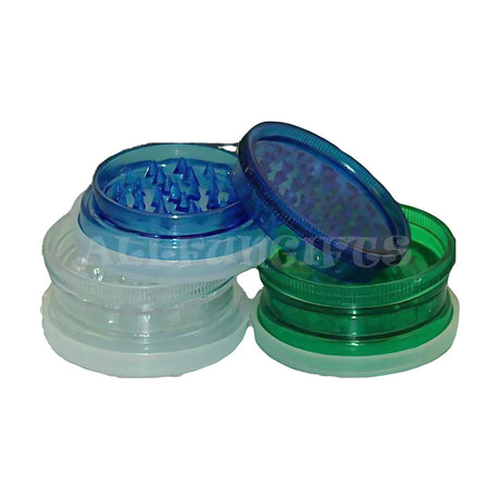 Assorted colors acrylic grinder with storage compartment, portable 65mm diameter, side view