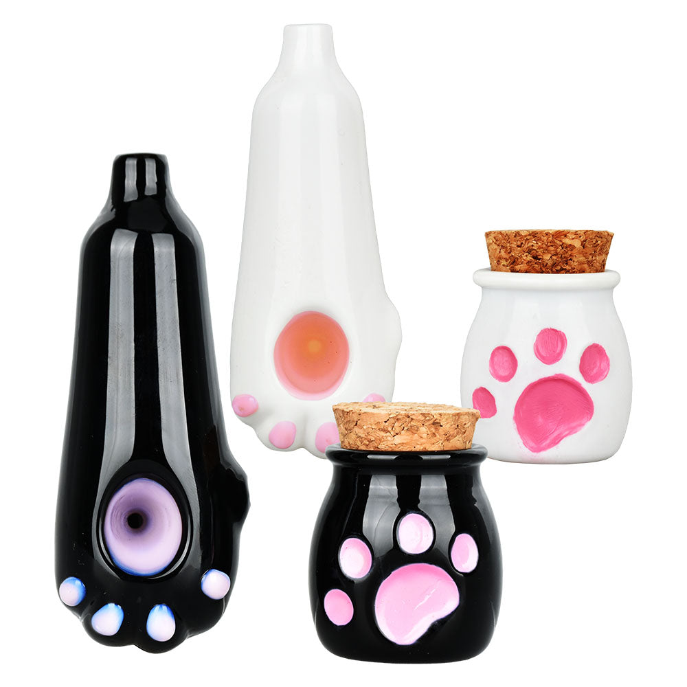 Cute Cat Paw Glass Hand Pipe & Jar Set, 4" Borosilicate, Front View on White Background