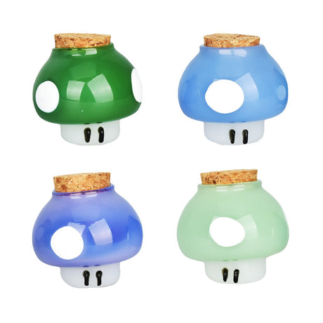 Set of four Adorable Shroom Character Stash Jars in various colors with cork lids, front view