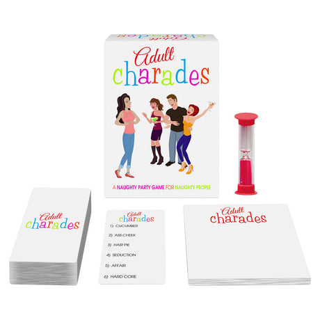 Adult Charades Game set with cards and timer, front view on white background, perfect for parties
