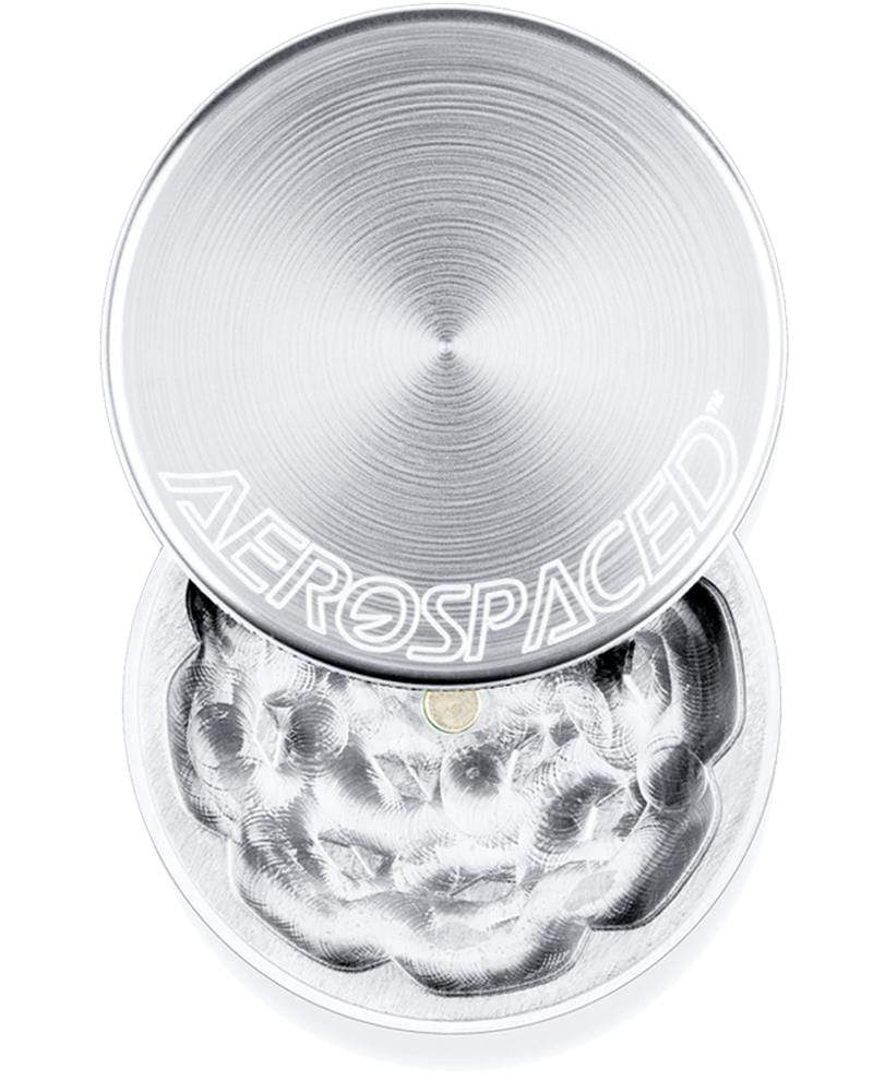 Aerospaced 2 Piece Aluminum Grinder in Silver, Top View with Open Lid, Compact and Portable