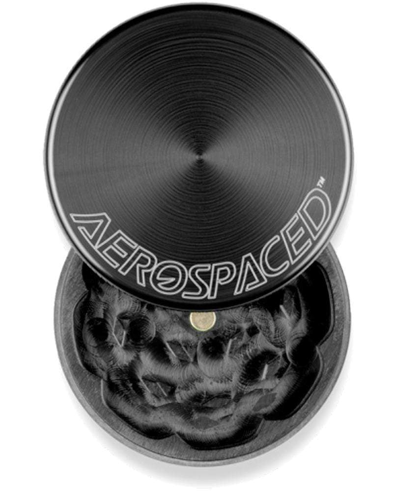 Aerospaced 2 Piece Aluminum Grinder in Black, Top View with Open Lid Showcasing Sharp Teeth