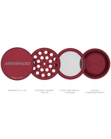 Aerospaced red 4-Piece Grinder with magnetic lid, sharp teeth, screen, and compartment