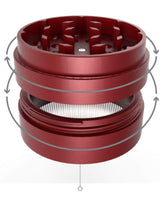 Aerospaced red 4-Piece Aluminum Grinder for Dry Herbs, angled view with visible teeth and screen