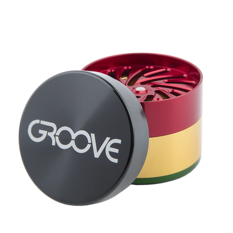 Aerospaced Groove 4-Piece Grinder in Rasta colors, compact and portable design, side view