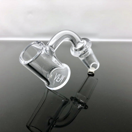 AFM Flat Top Bell Bottom Quartz Banger, 3mm Thick, 20mm Wide, Angled Side View on Reflective Surface