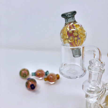 AFM Glass - Amber Gold Fume Bubble Cap with intricate design, front view on white background