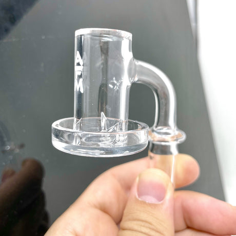 AFM Terp Dish Banger held in hand, clear quartz, 45-degree joint angle, heavy wall thickness