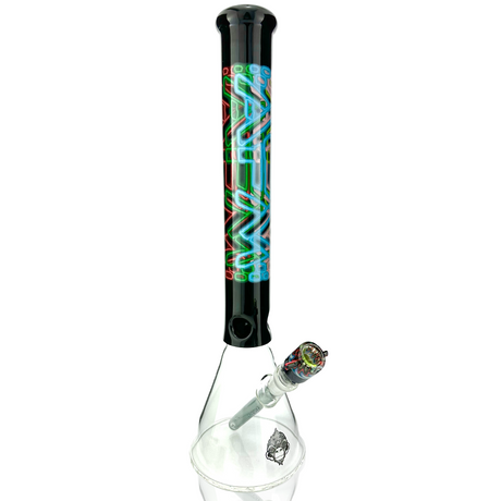 AFM The Trippy Neon Beaker Bong Set, 18" tall with vibrant design, clear borosilicate glass base, front view.