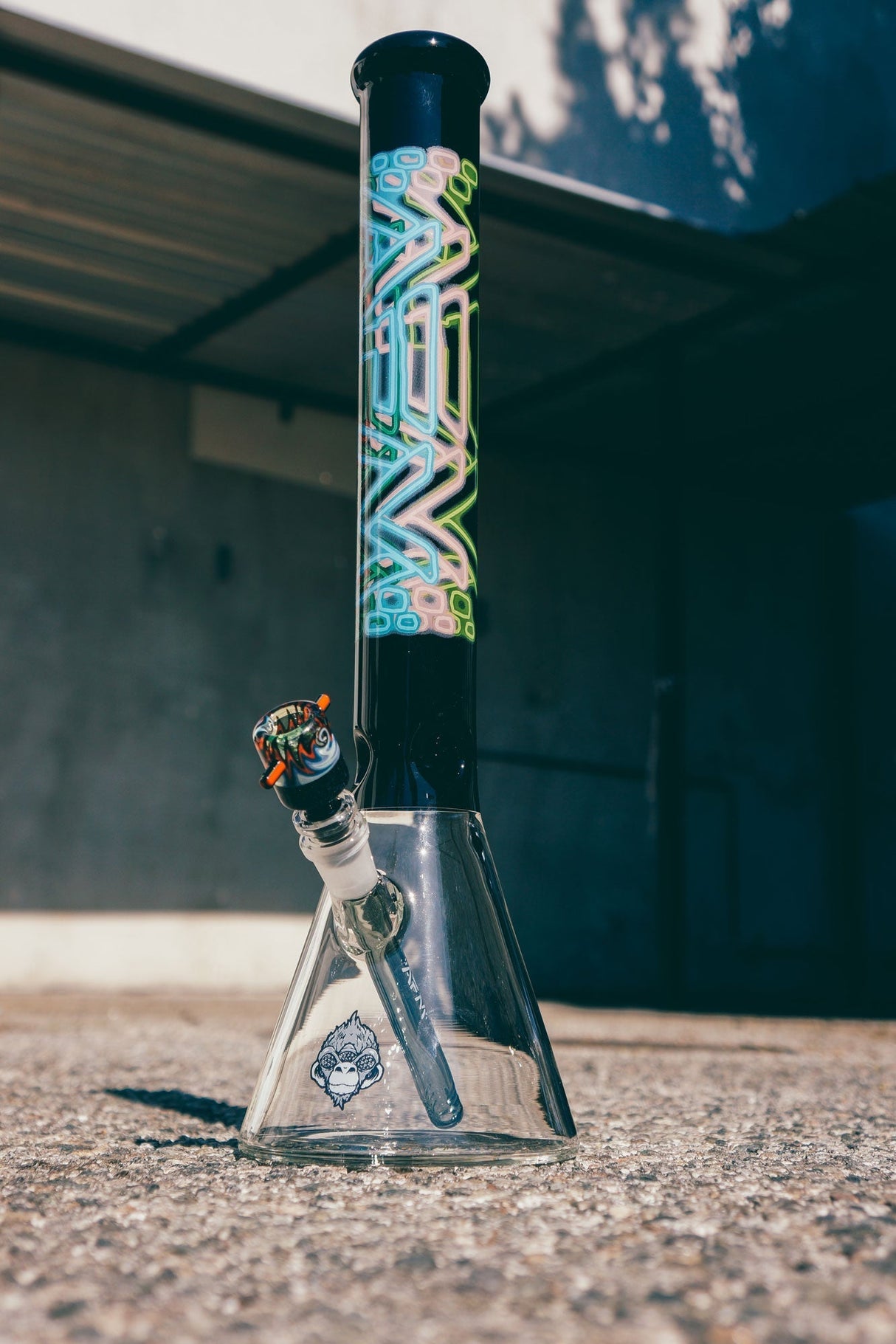 AFM Trippy Neon Beaker Bong, 18" Tall, Black & Clear Glass with Deep Bowl, Side View