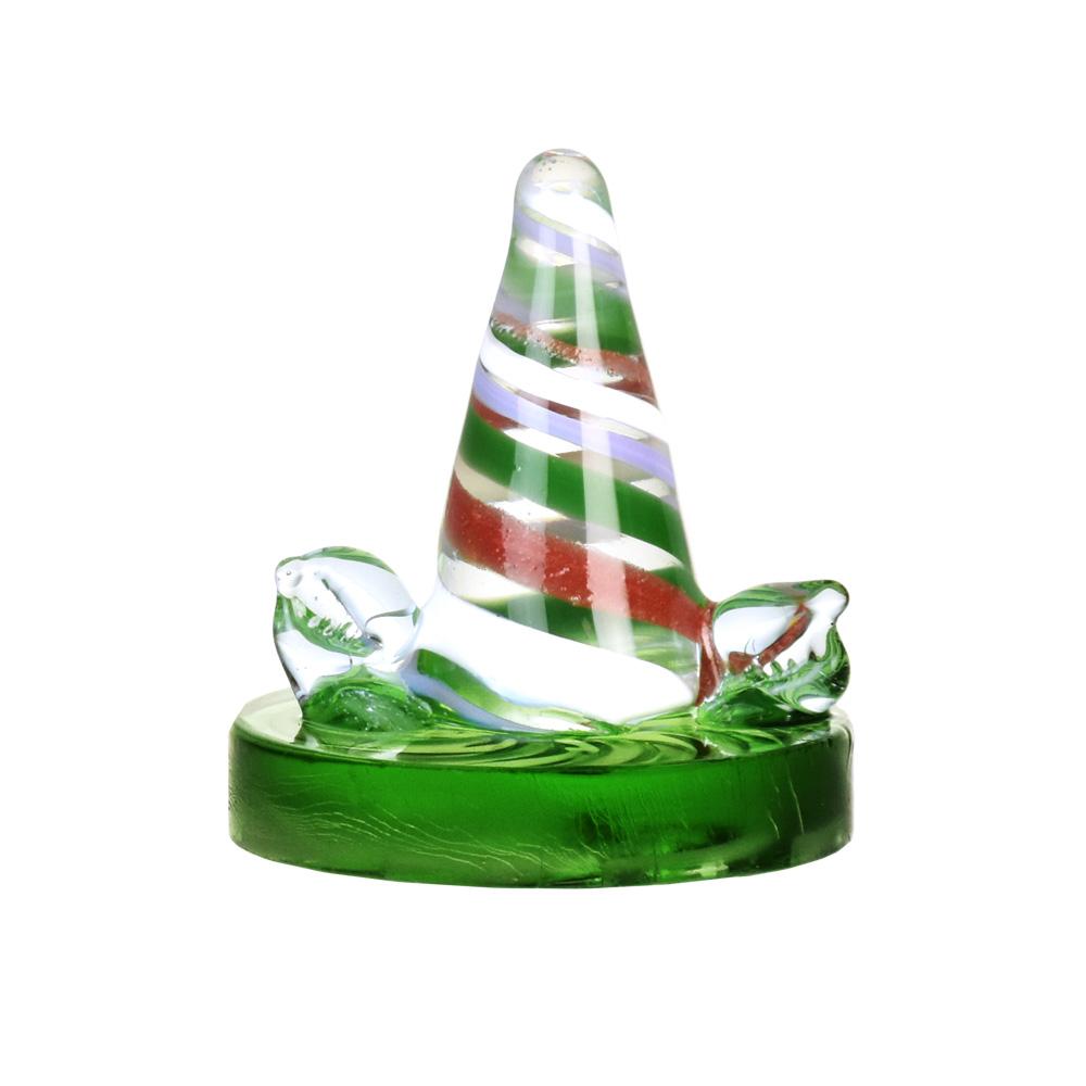Green and white mushroom-themed borosilicate glass carb cap for dab rigs, front view on white background
