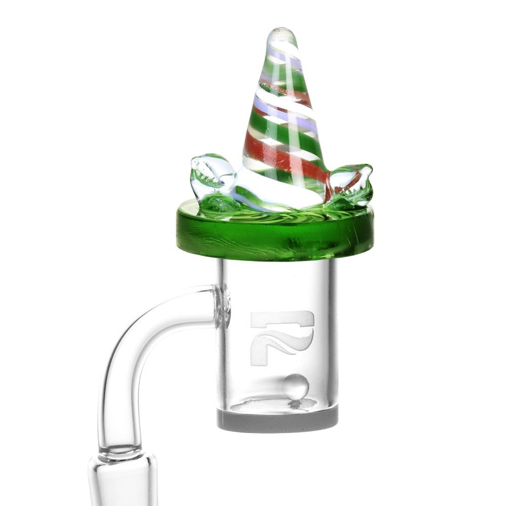 Green and white mushroom-themed Air Spin Channel Carb Cap for dab rigs, side view on white background