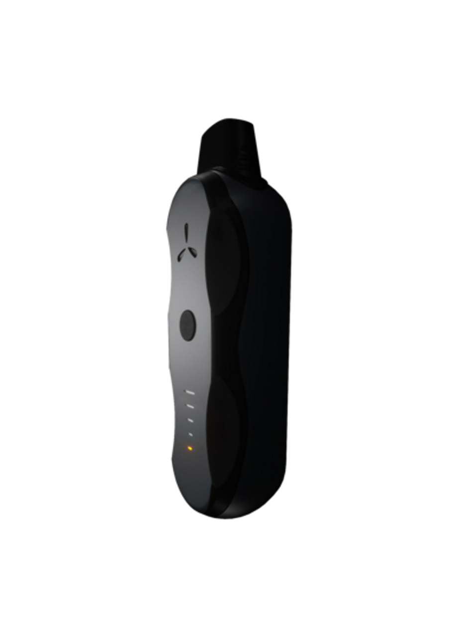 AirVape XS Go in black, portable vaporizer for dry herbs, side view on dark background