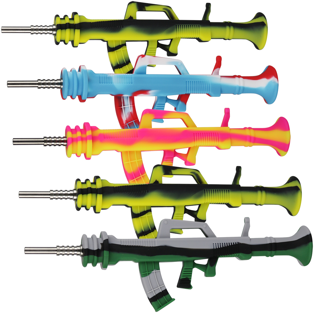 AK47 silicone dab straw 9.5 inch rifle-shaped novelty straw, sold as a 5-pack of assorted colors