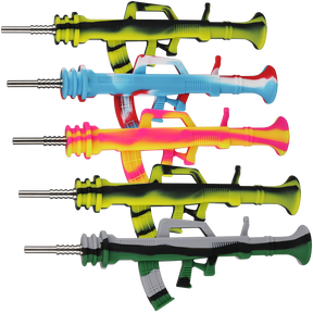 AK47 silicone dab straw 9.5 inch rifle-shaped novelty straw, sold as a 5-pack of assorted colors