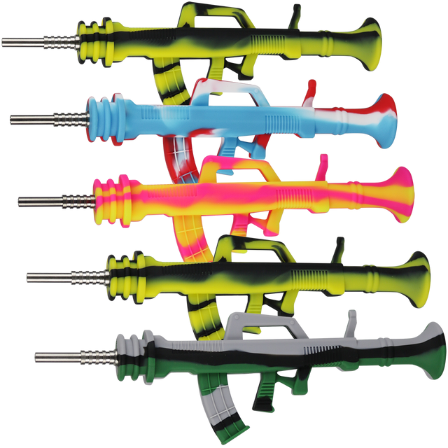 AK47 silicone dab straw 9.5 inch rifle-shaped novelty straw, sold as a 5-pack of assorted colors
