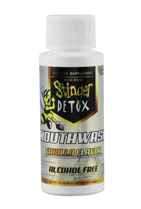 Stinger Detox Alcohol-Free Mouthwash in Vanilla Flavor, 2 oz Compact Bottle, Front View