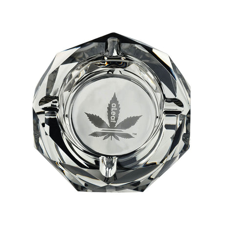 aLeaf Diamond Ashtray in Gunmetal, Glass with Etched Leaf Design, Compact 3.75" Diameter - Top View