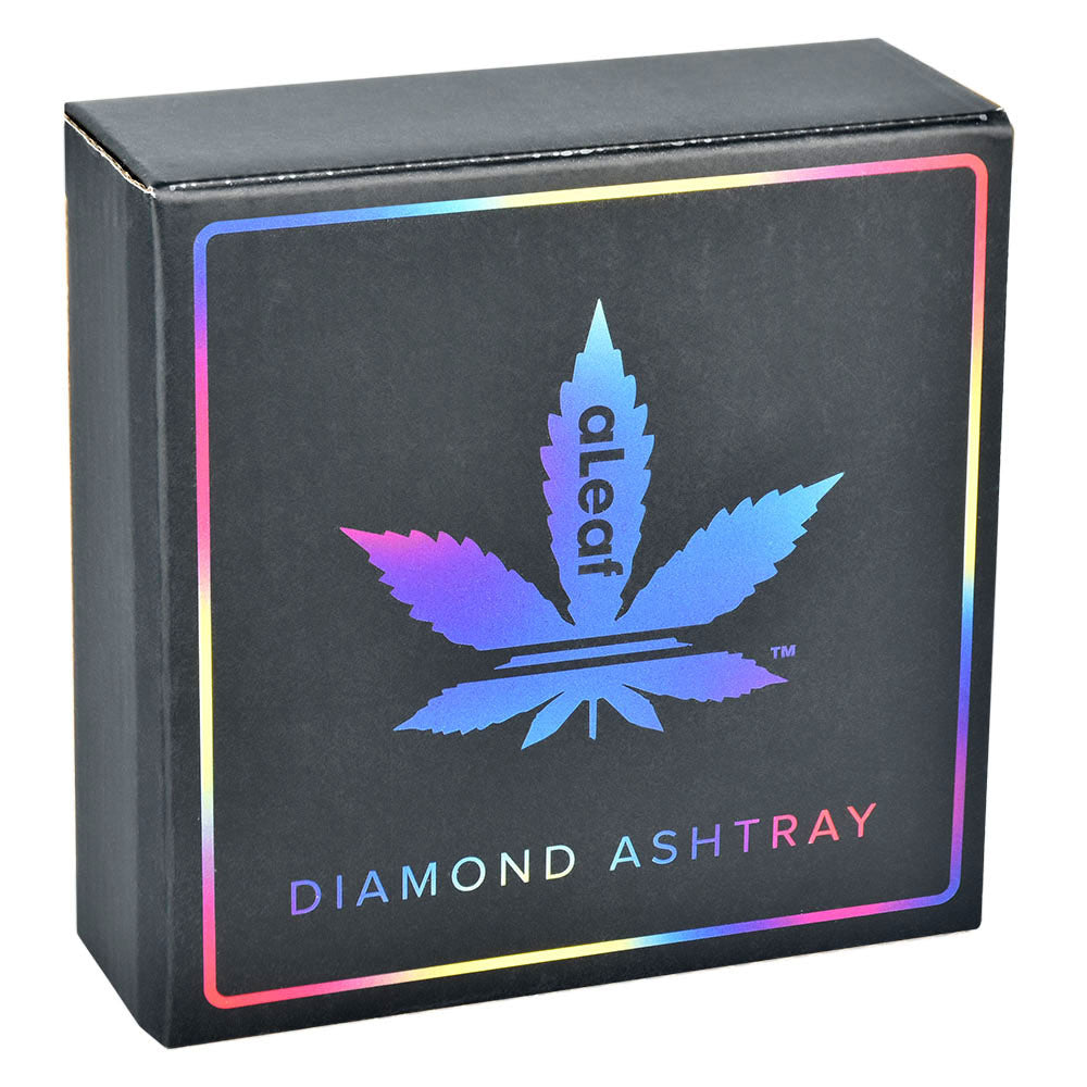 aLeaf Diamond Ashtray packaging with colorful leaf design on black background