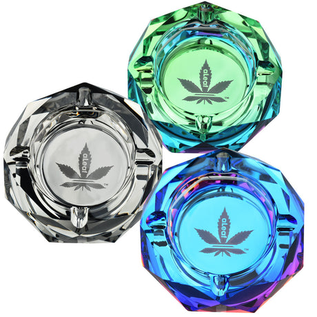 aLeaf Diamond Glass Ashtrays in Blue, Green, and Gray with Cannabis Leaf Design