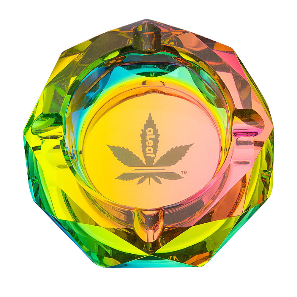 aLeaf Diamond Glass Ashtray in Rainbow Colors with Cannabis Leaf Design - Top View