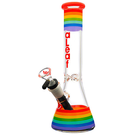 aLeaf Pride Beaker Water Pipe, 10" tall, 14mm female joint, clear with rainbow stripes, front view