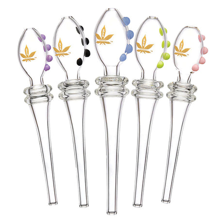 aLeaf Quad Glass Dab Straws, 6" size, with assorted color leaf designs, front view on white background