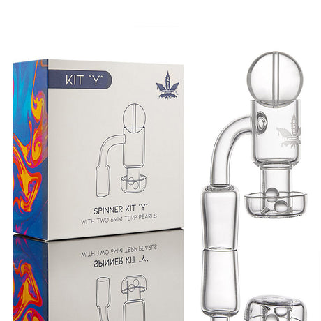 aLeaf Quartz Banger Spinner Kit - Y Terp Pearls with 90 Degree Angle on Reflective Surface