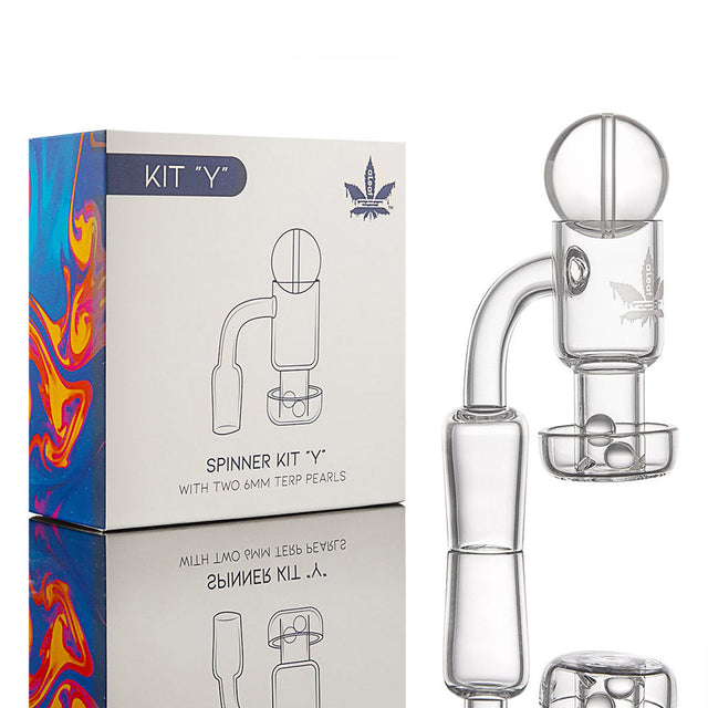 aLeaf Quartz Banger Spinner Kit with Y Terp Pearls for Dab Rigs, 90 Degree Joint, Front View