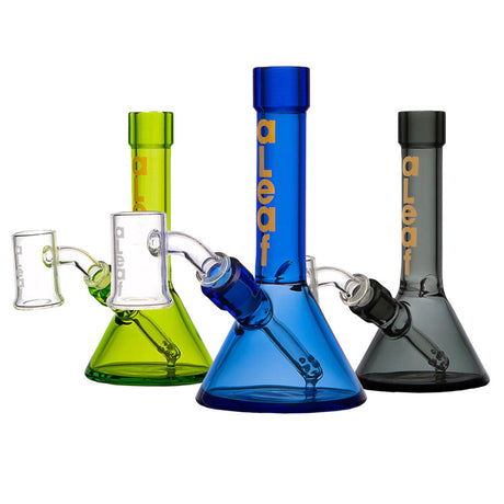 aLeaf Tiny Beaker Dab Rigs in Blue, Green, Gray, 5" Height, 10mm Female Joint, Front View