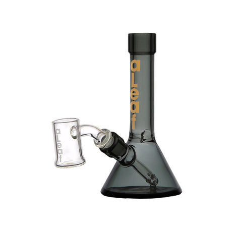 aLeaf Tiny Beaker Dab Rig in Smoke, 5" Height, 10mm Female Joint, Front View on White Background