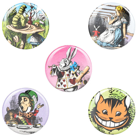 Assorted Alice In Wonderland 1" Button Box Display with 130pc featuring iconic characters