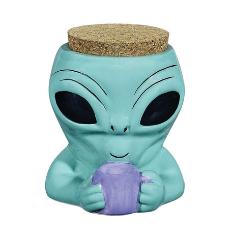 Alien Ceramic Stash Jar 4" - Front View with Cork Lid for Dry Herbs