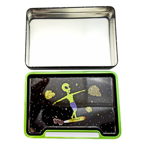 Alien Doobie Surfer Small Steel Rolling Tray, 8" x 5.75" with Fun & Novelty Design, Top View