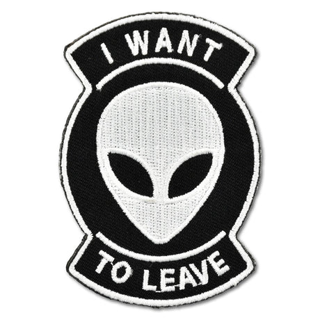 Yujean Alien 'I Want To Leave' Embroidered Iron-On Patch, Black, 3.5" x 2.25" Front View