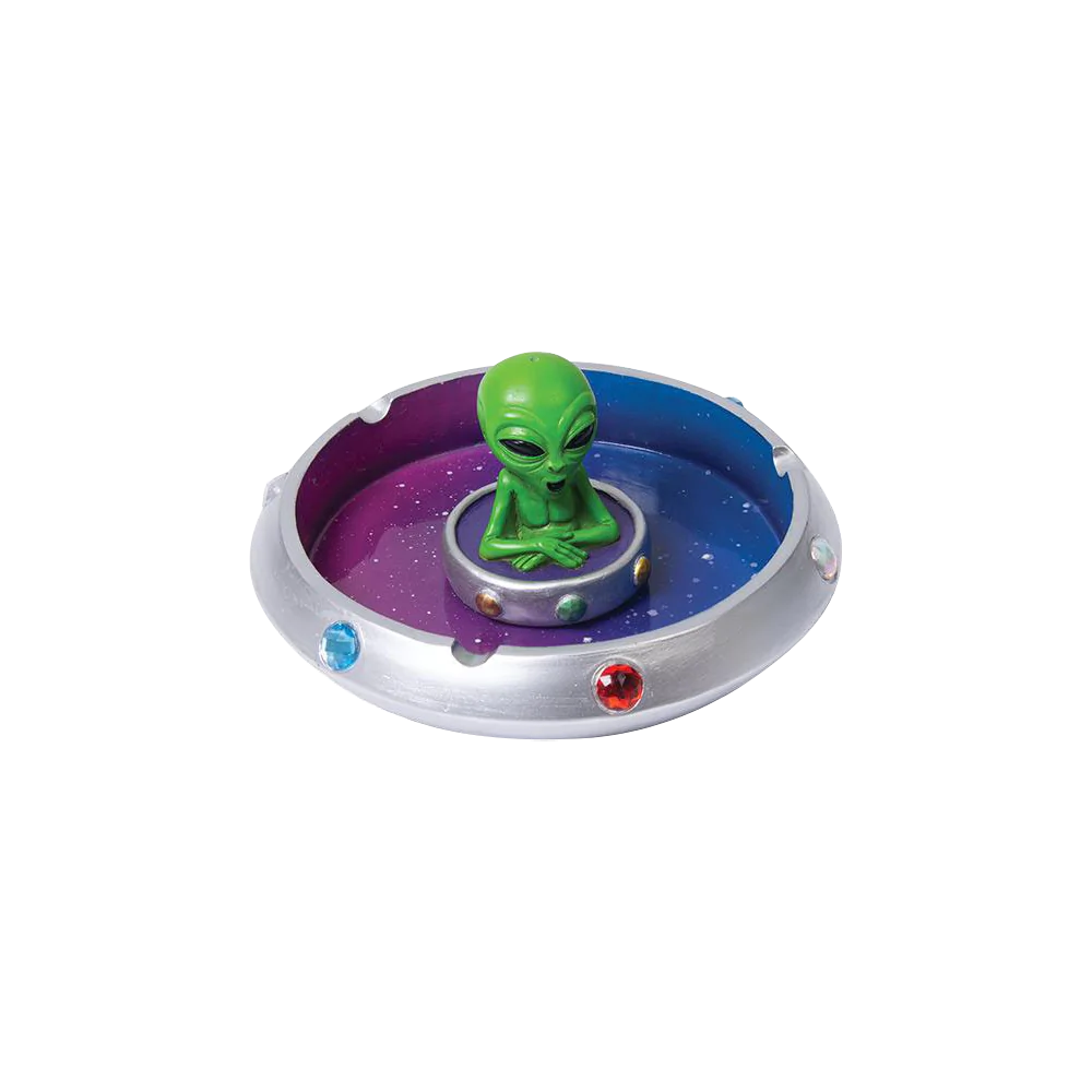 Polyresin Alien in Flying Saucer Ashtray with Colorful Design, Medium Size, for Dry Herbs