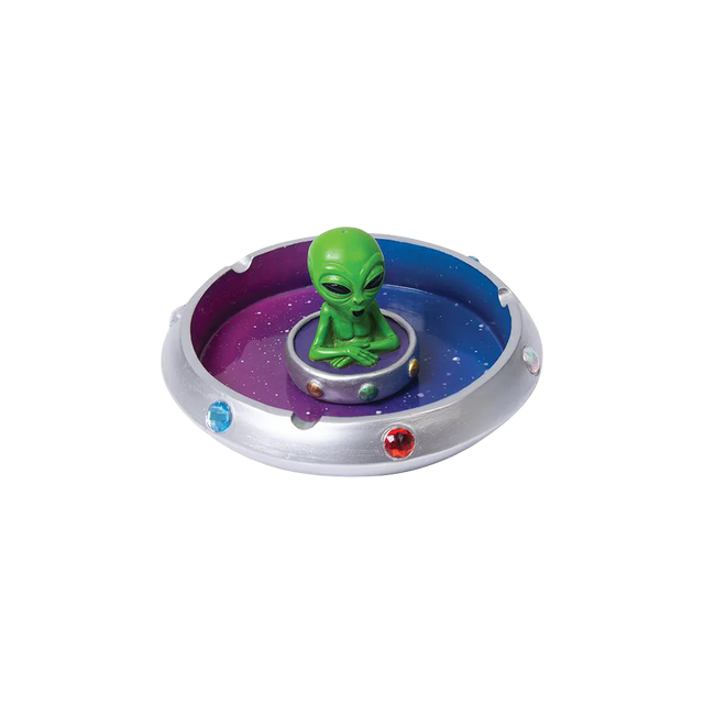 Polyresin Alien in Flying Saucer Ashtray with Colorful Design, Medium Size, for Dry Herbs