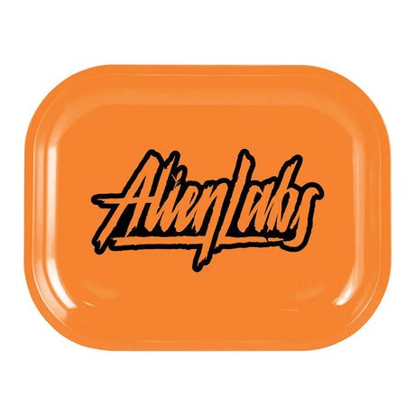 Alien Labs Metal Rolling Tray with vibrant orange logo, compact design for easy portability, top view