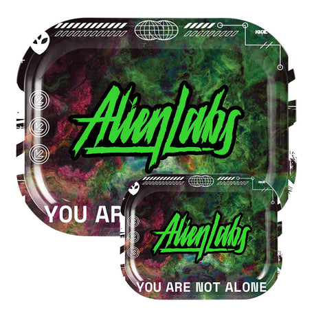 Alien Labs Metal Rolling Tray with 'You Are Not Alone' design, compact and portable, black background
