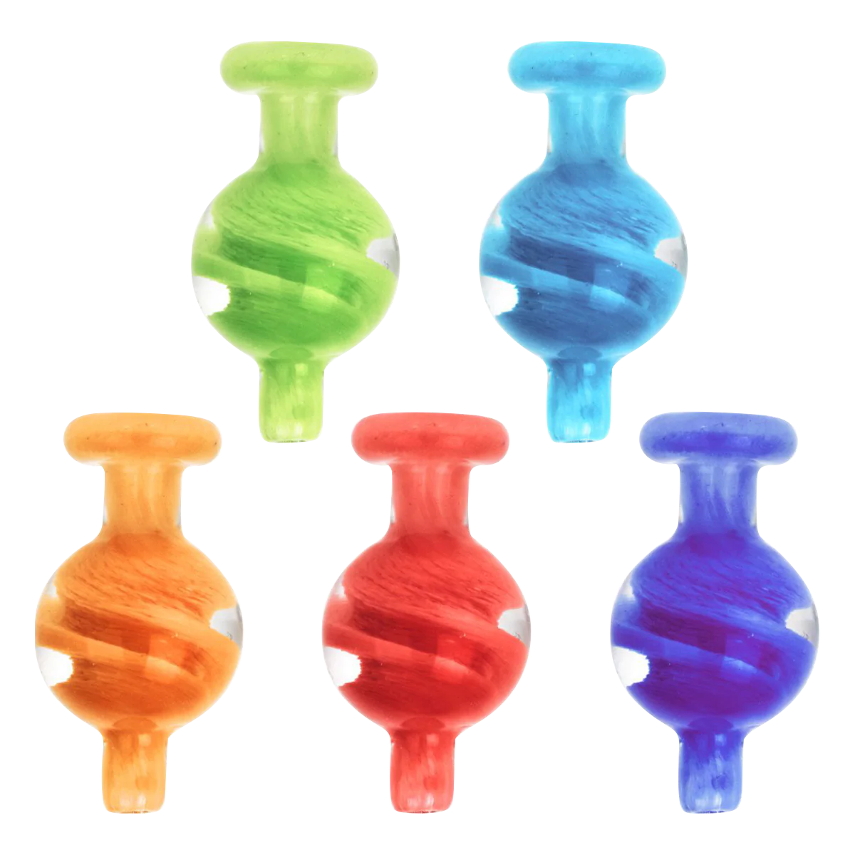 Alien Planet 3D Spiral Ball Carb Caps in assorted colors for dab rigs, front view on striped background