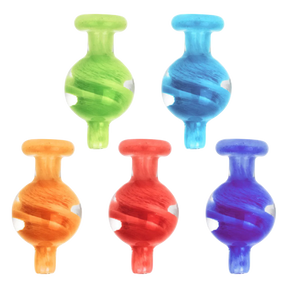 Alien Planet 3D Spiral Ball Carb Caps in assorted colors for dab rigs, front view on striped background