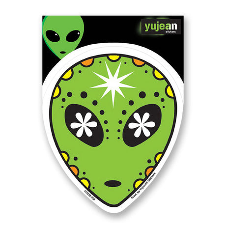 Alien Sugar Skull Sticker with green color, fun novelty design, front view on white background